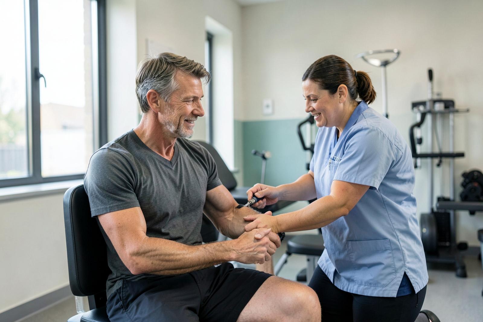 A clinician checking an active adult's blood pressure