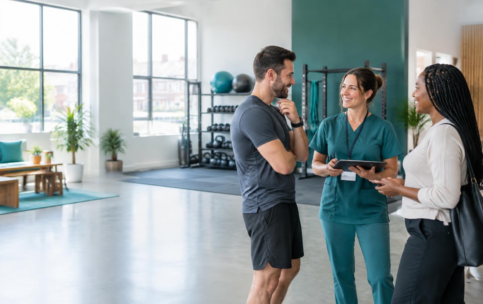 Business and healthcare professionals meeting in a community wellness space